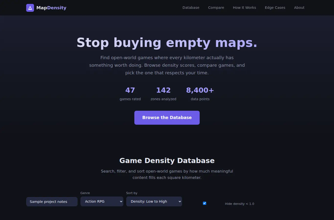 Screenshot of Open World Map Density Meter interface showing the project page in use
